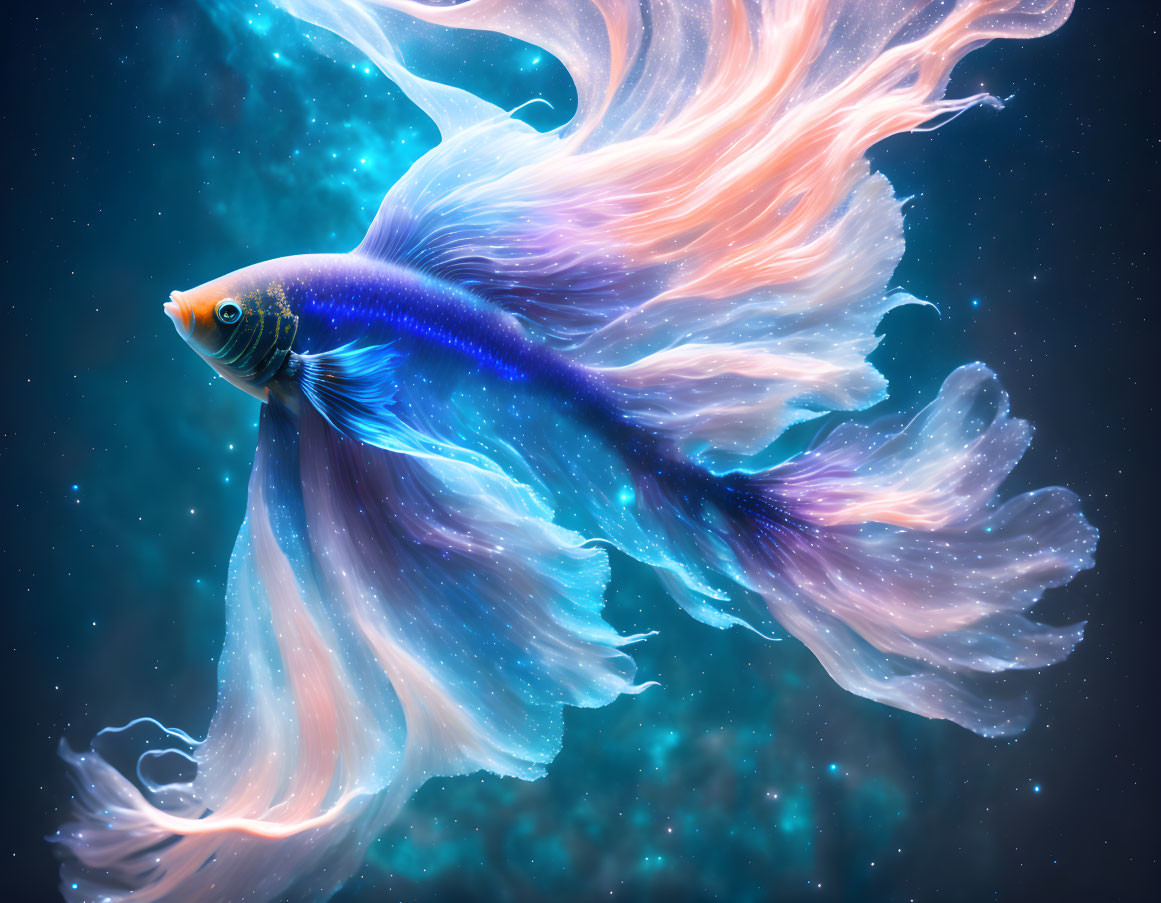 Colorful Betta Fish with Translucent Fins in Purple, Blue, and Pink
