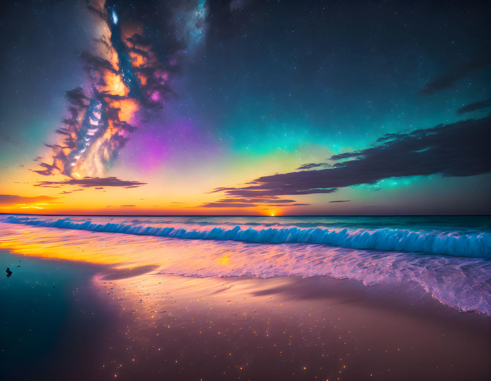 Scenic beach sunset with starry sky and aurora colors above ocean waves