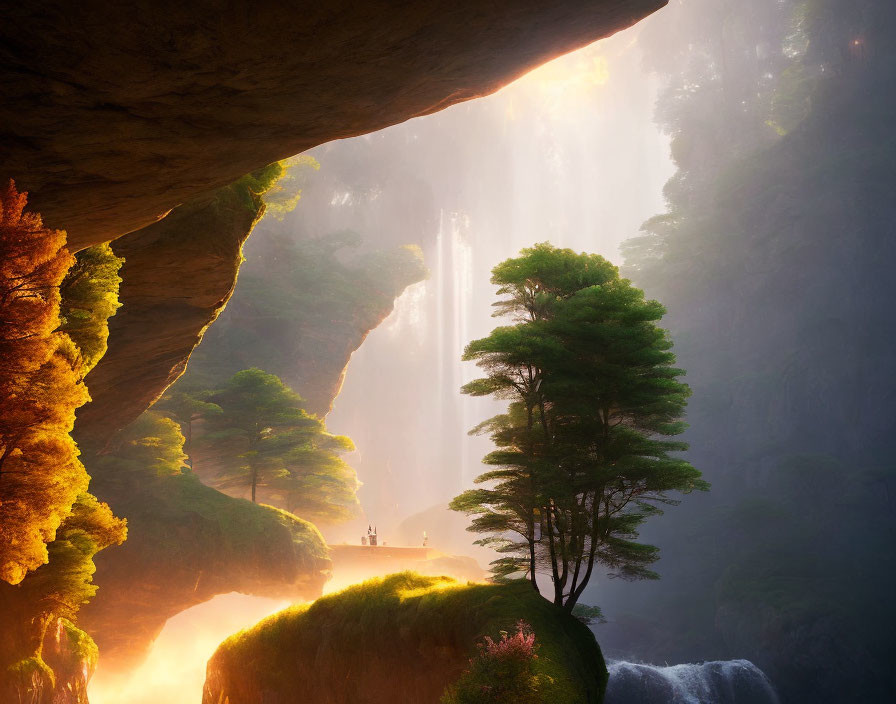 Enchanting landscape with waterfall, sunbeams, cliffs, and lone tree