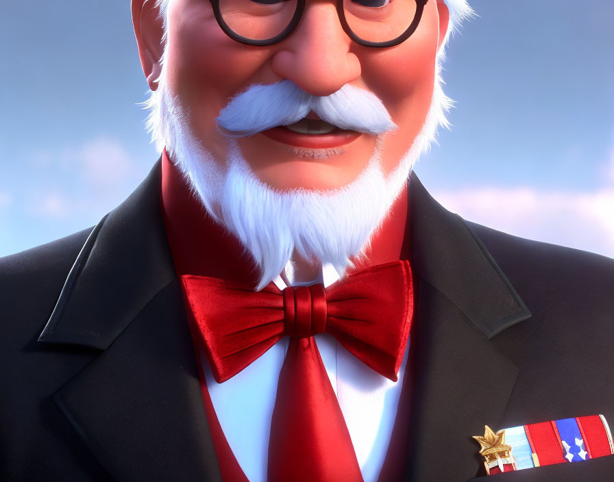 Smiling animated character with white beard and red bow tie