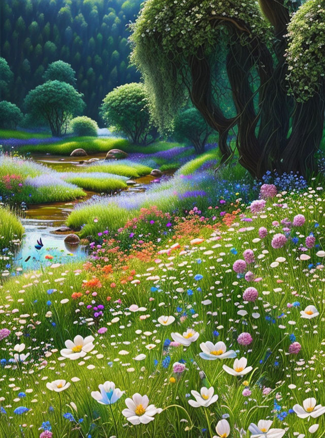 Colorful Flower Landscape with Stream, Trees, and Hills