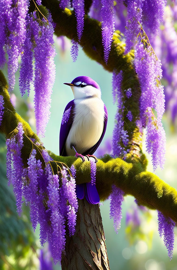 Violet-backed Starling on a Wisteria Branch