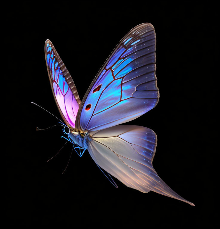 Colorful Butterfly with Translucent Blue and Purple Wings on Dark Background