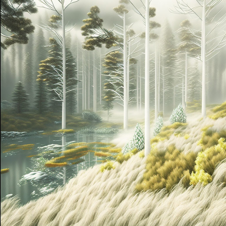 Tranquil forest scene with mist, towering trees, still pond, and golden meadow