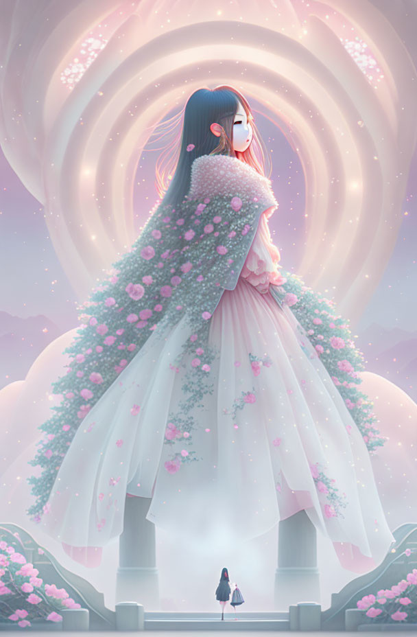 Illustration of ethereal figure in flowery mantle with smaller character on stairs in misty landscape