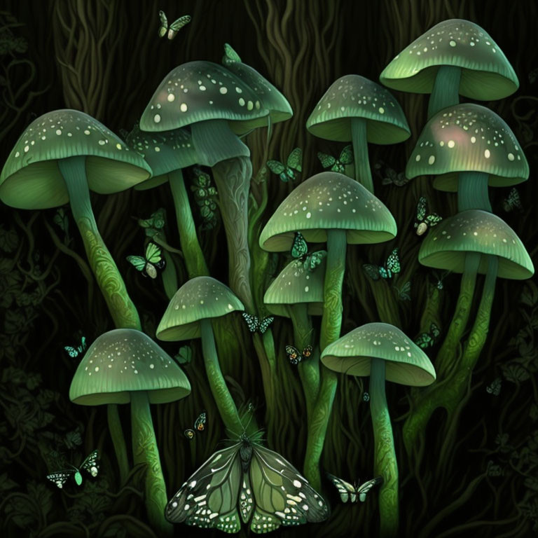 Enchanting forest scene with green mushrooms and butterflies