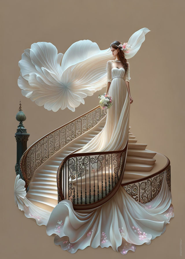 Woman in White Gown with Flower Train on Spiral Staircase