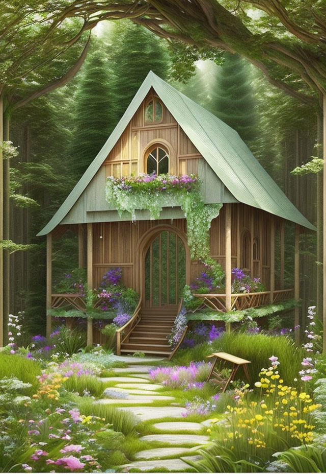 Wooden Cottage with Steep Roof in Forest Clearing