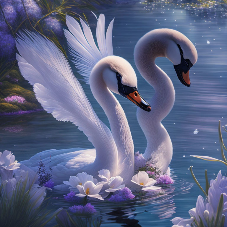 Swans Creating Heart Shape on Lake at Twilight