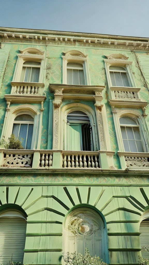 Vintage Mint Green Building with Ornate Windows and Balconies