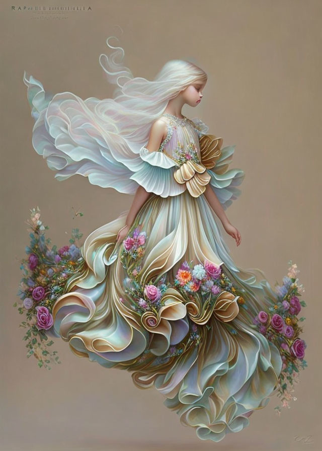 Ethereal figure with blonde hair in ornate gown.
