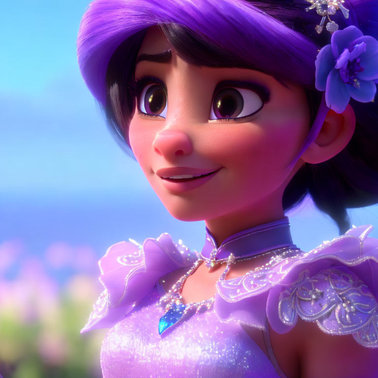 Detailed close-up of 3D character with expressive eyes, purple hair, and sparkly lilac