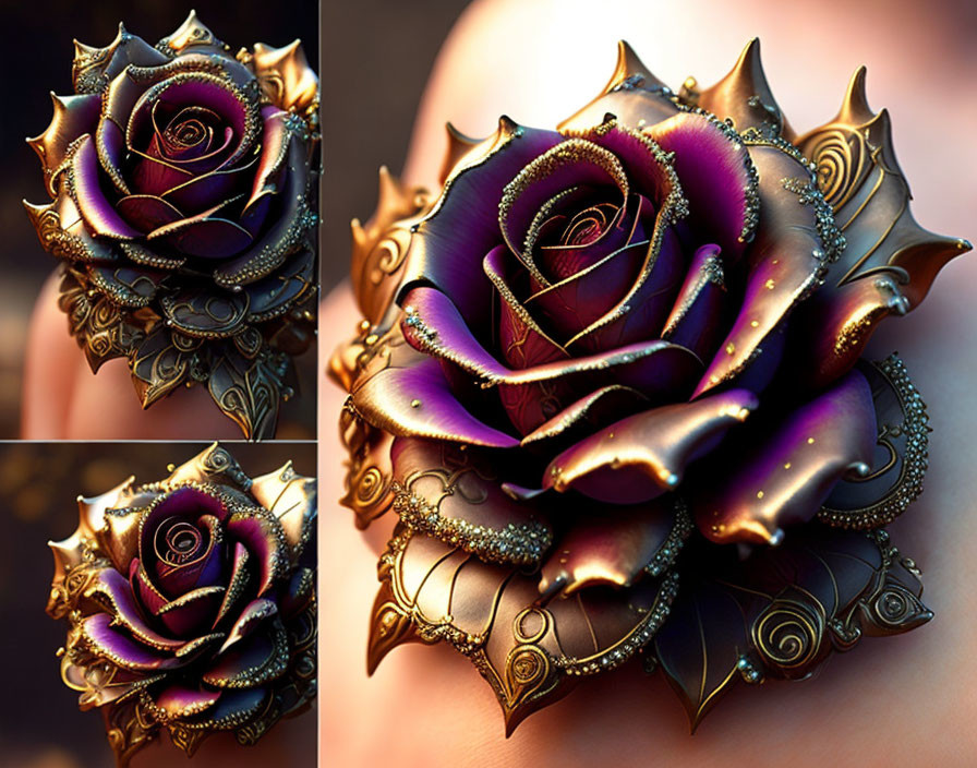 Stylized digital artwork of metallic purple rose with gold detailing
