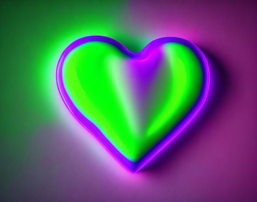 Vibrant neon heart in green and purple on pink backdrop