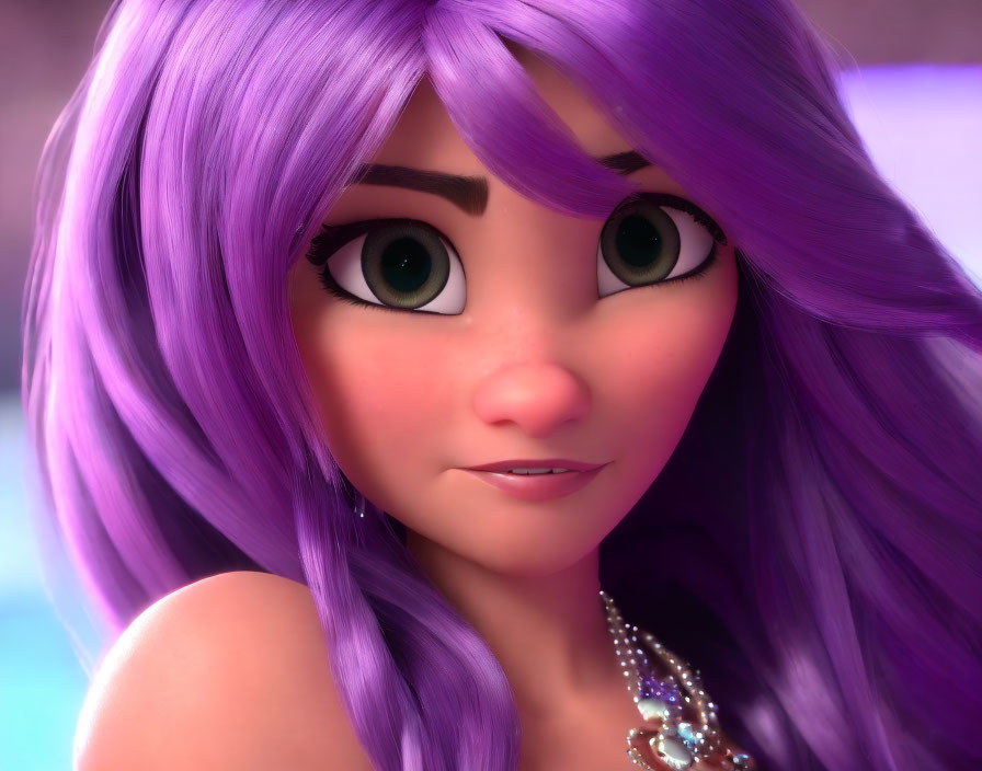 Animated character with large green eyes and long purple hair wearing a shiny necklace smiles gently