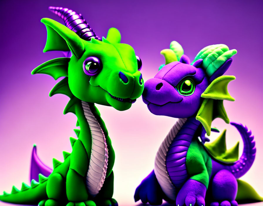 Colorful Cartoon-Style Dragons Touching Noses on Purple Background