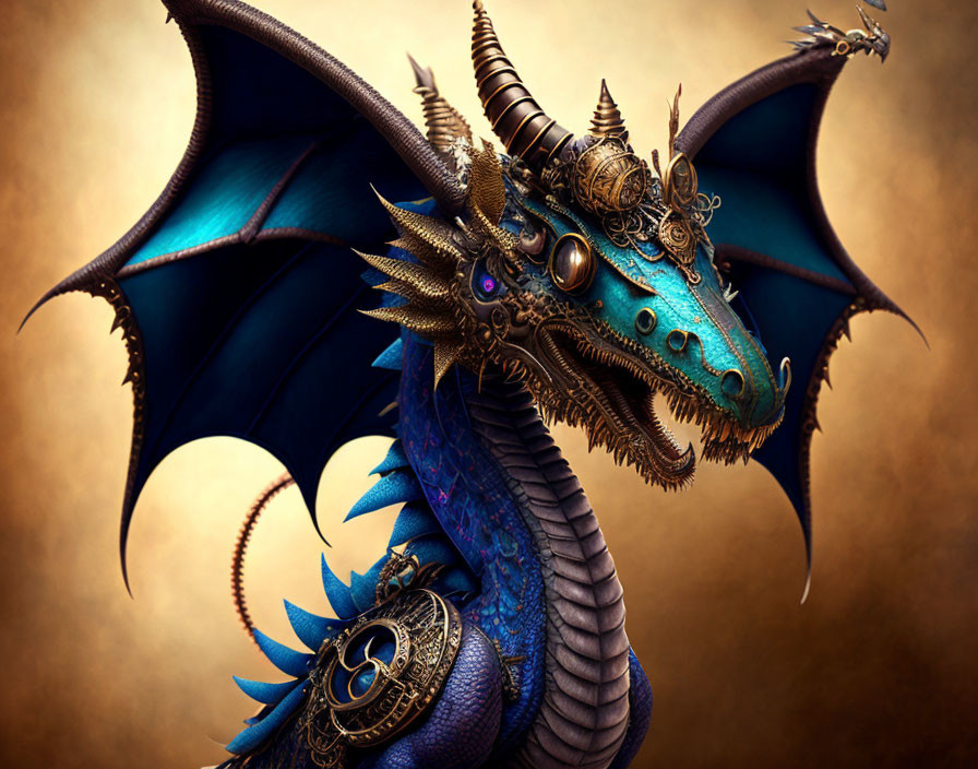 Detailed Illustration of Majestic Blue Dragon with Golden Horns and Wings
