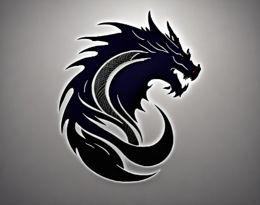 Stylized black dragon art against grey gradient background