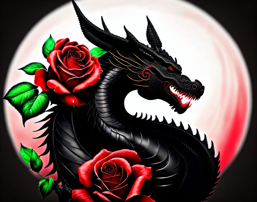 Black Dragon with Red Eyes and Yellow Details Among Red Roses on Red and White Background