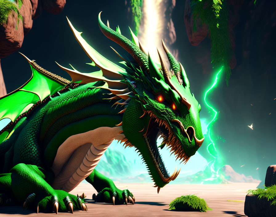 Majestic green dragon with glowing red eyes on rocky terrain surrounded by floating islands and green energy
