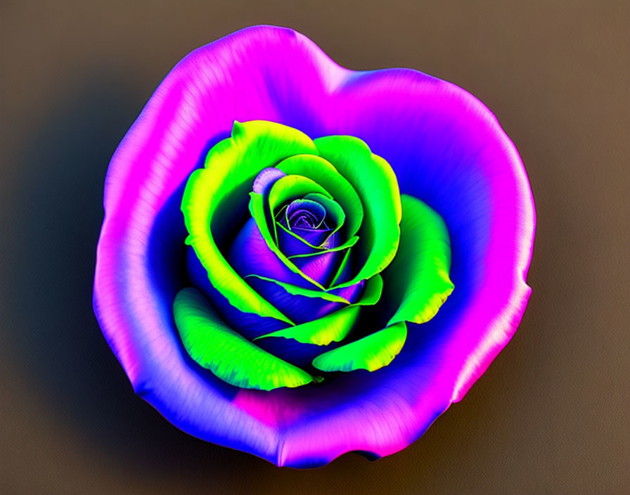 Vibrant neon green and pink digitally altered rose on blurred brown backdrop