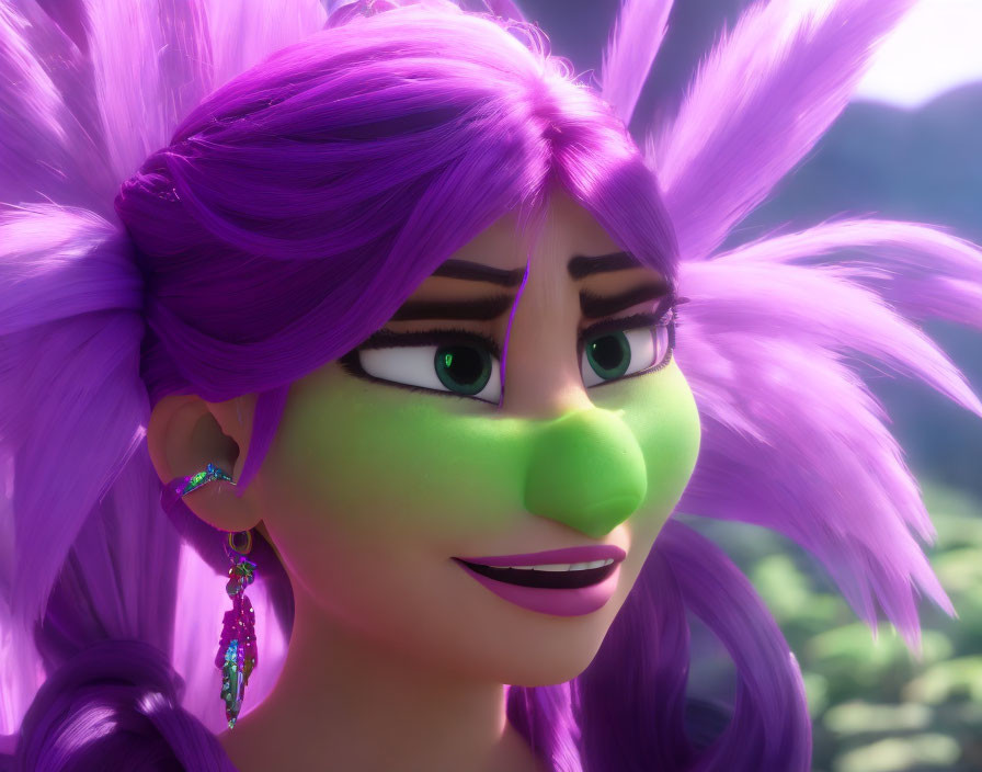 Purple-haired 3D animated character with green skin and dark lipstick smiling slightly.