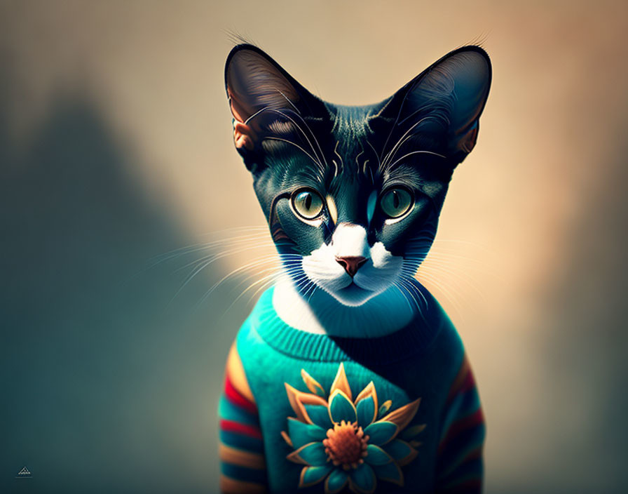 Digital Artwork: Cat with Human-Like Eyes in Colorful Floral Sweater