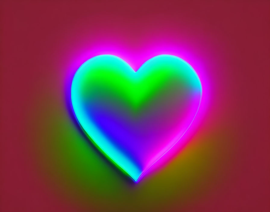 Vibrant neon heart on dark red background: modern romance mood