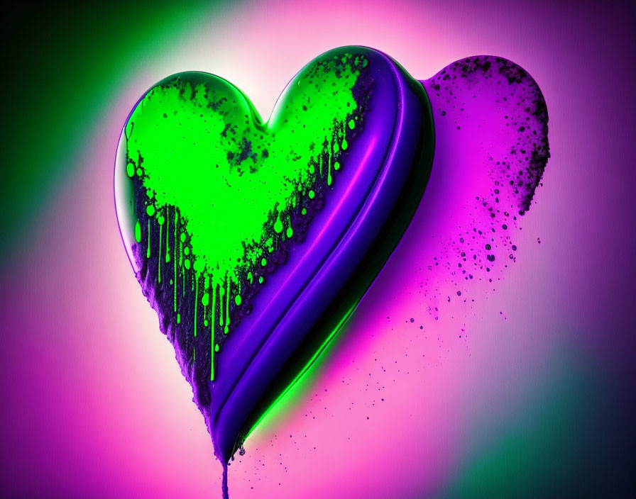 Vibrant heart with green and purple paint on pink and green background
