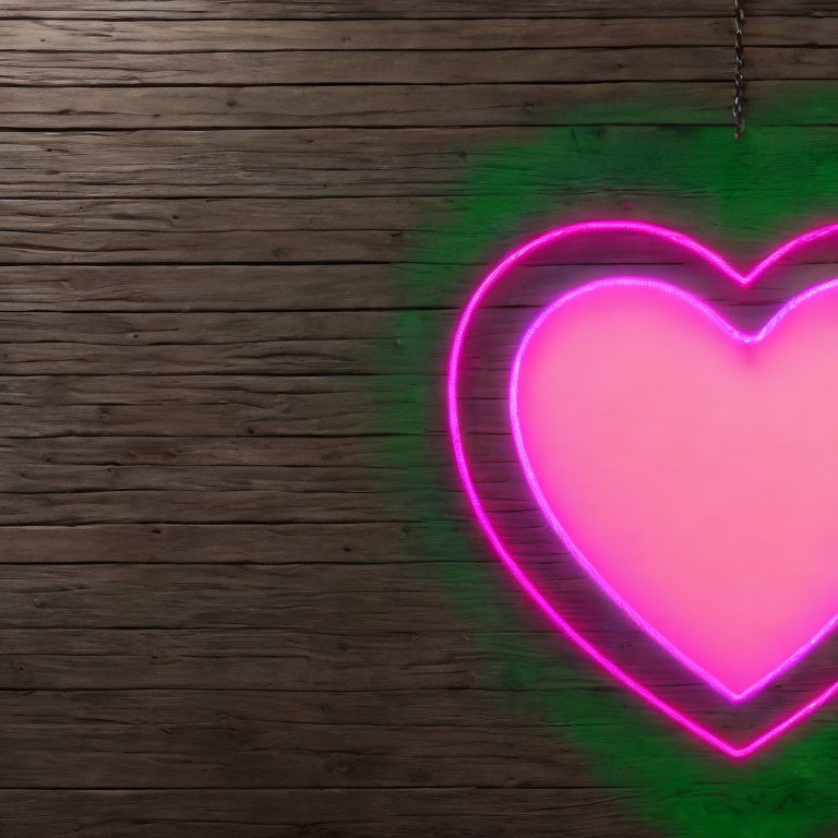 Vibrant neon pink heart sign on wooden wall with green light.