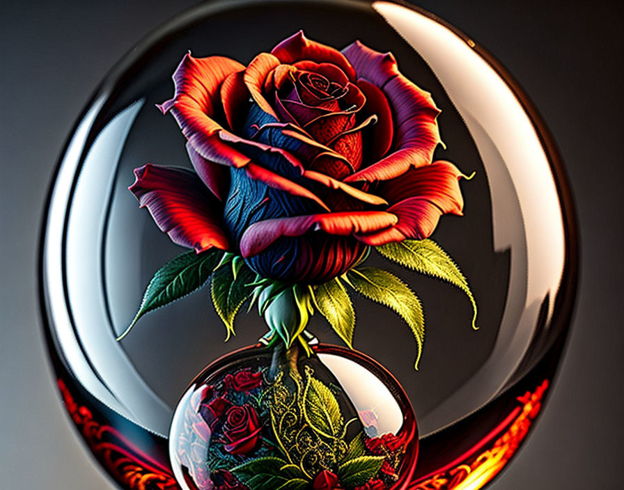 Detailed Rose Encased in Transparent Spheres on Dark Background