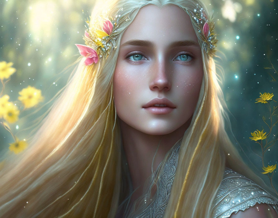 Digital portrait of fantasy woman with long blonde hair and blue eyes in floral crown, set against stars and
