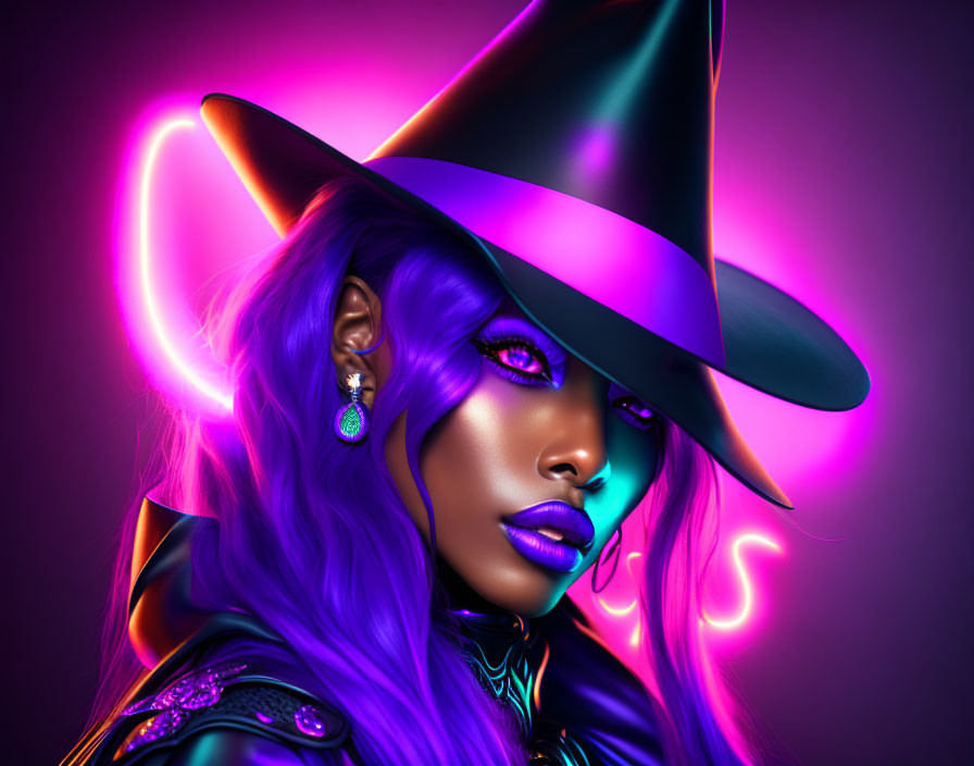 Colorful artwork of purple-skinned witch with blue lips and hair, neon pink highlights, hat and