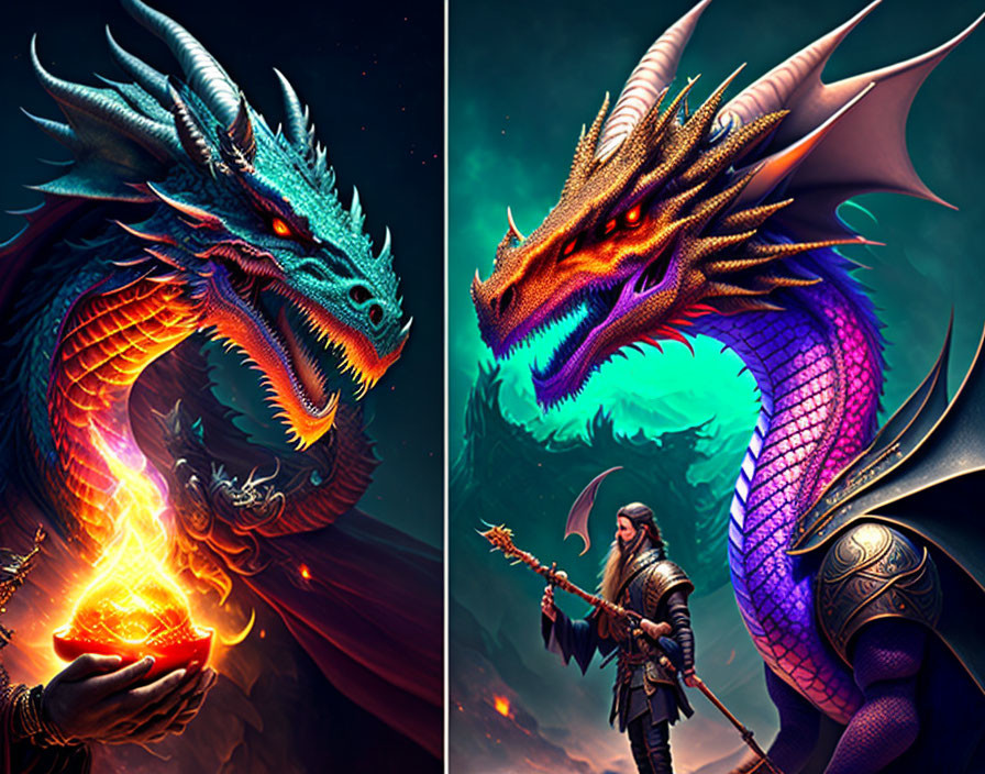 Fantasy-themed digital artworks: Majestic blue and imposing purple dragons with warrior.