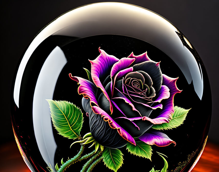 Purple and Black Rose Design in Crystal Paperweight