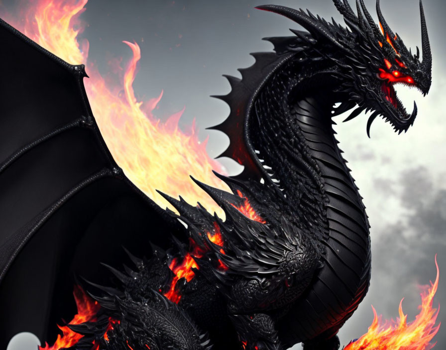 Black Dragon with Glowing Red Eyes and Flames in Cloudy Sky