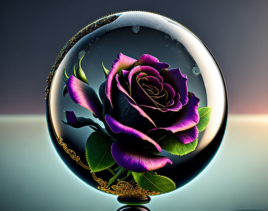 Radiant purple rose in transparent sphere with gold accents on gradient background