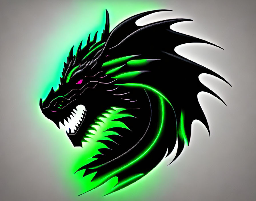 Stylized black dragon with neon green accents on grey background