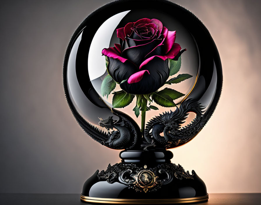 Digital Artwork: Glass Dome with Red Rose, Black Leaves, and Dragon Sculptures