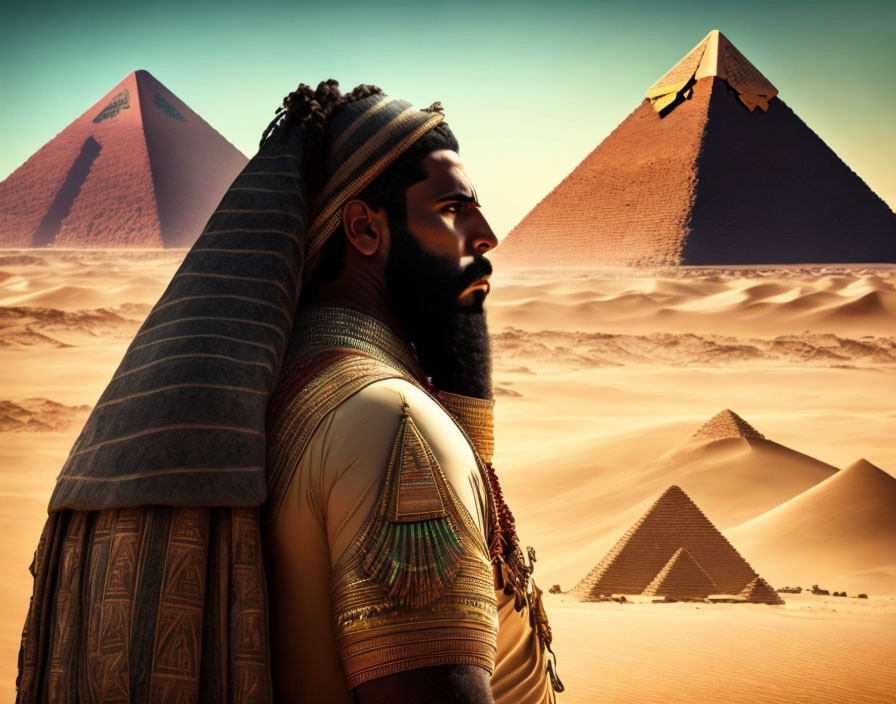 Stylized digital art of Egyptian pharaoh with pyramids backdrop