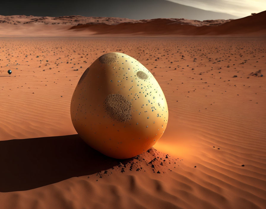 Speckled egg-shaped object on red Martian landscape