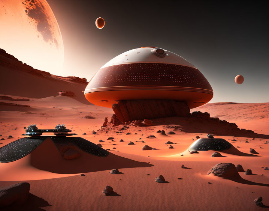 Large domed structure in futuristic desert landscape with multiple moons or planets visible