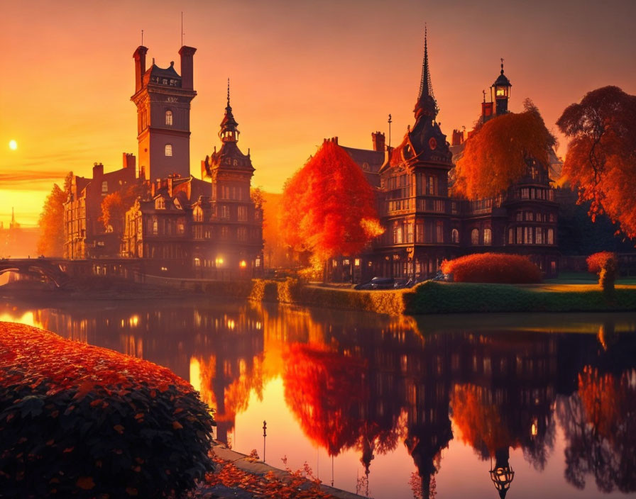 Ornate castle-like building at sunset with autumn trees by a river