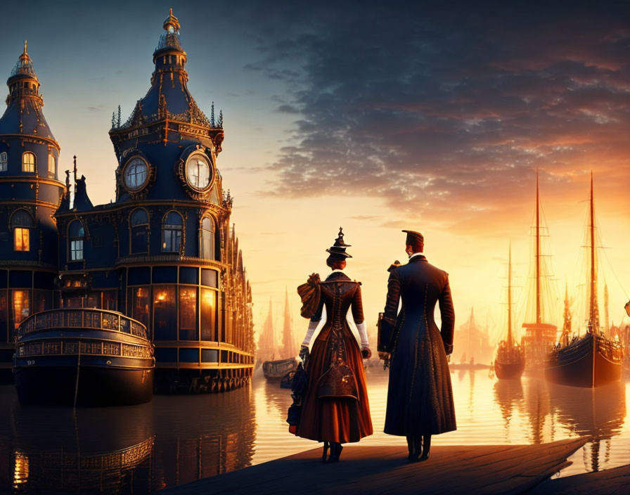 Victorian couple walking on dock at sunset with ships and ornate buildings