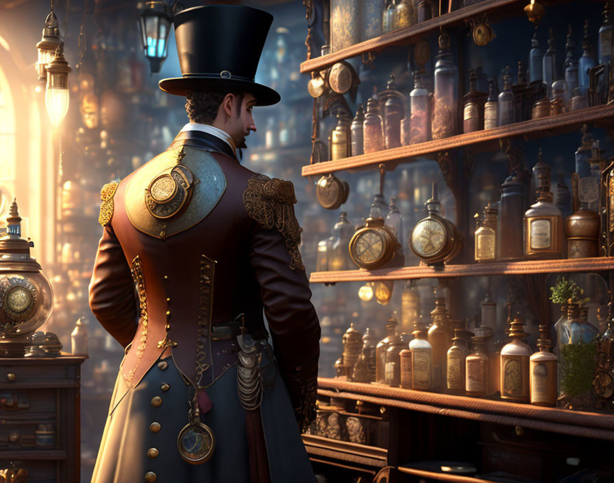 Victorian gentleman in ornate coat and top hat among potion-filled shelves