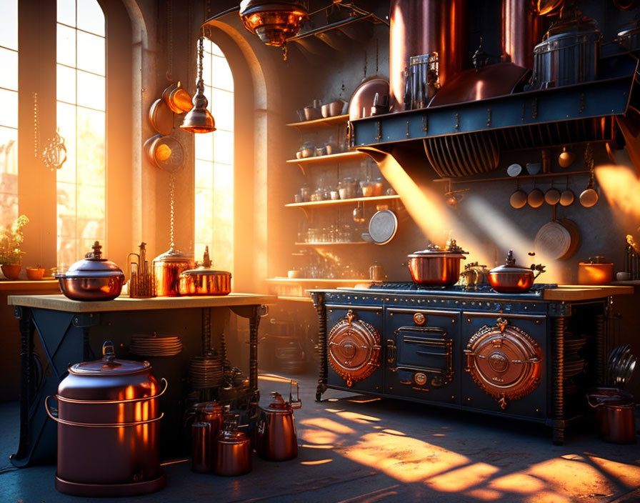 Vintage Kitchen with Copper Appliances and Utensils in Warm Sunlight