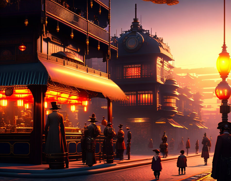 Steampunk cityscape at sunset with Victorian architecture and airships.