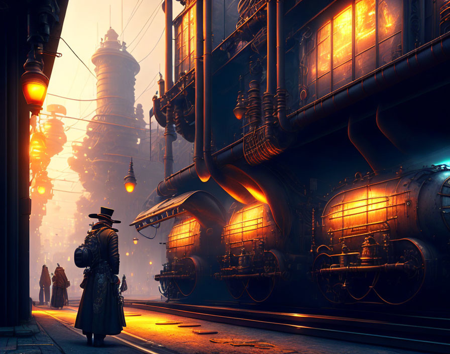Steampunk cityscape with industrial machinery, train, and Victorian silhouettes