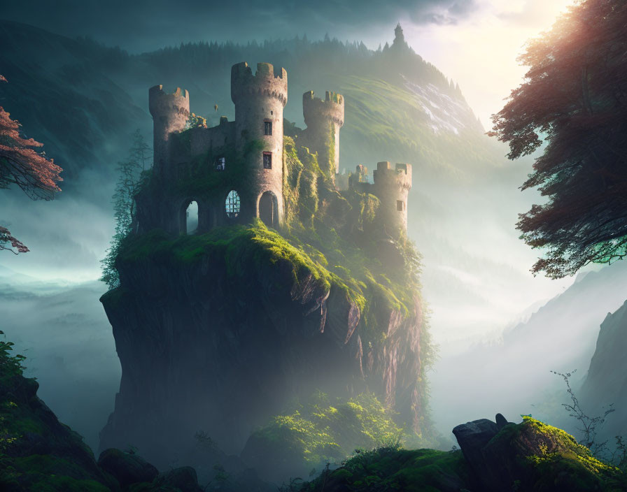 Ancient castle on lush cliff in foggy forest under soft sunlight