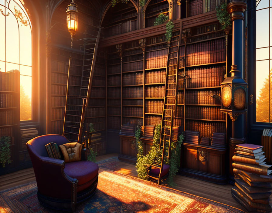 Inviting library with tall bookshelves, sliding ladder, armchair, and sunlight.